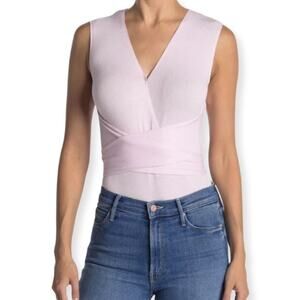 BCBGeneration Bodysuit Surplice Front Ribbed Sleeveless Tie Detail Pink W S NWOT